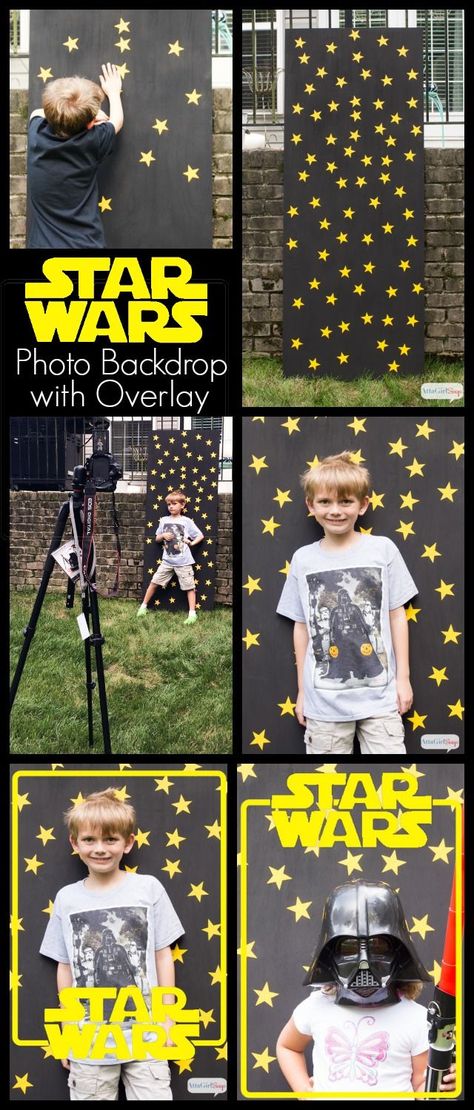 DIY Star Wars Birthday Party Photo Backdrop with Free Photo Overlay. So many great Star Wars birthday party ideas at this site! Decoracion Star Wars, Star Wars Theme Party, Party Photo Backdrop, Star Wars Diy, Star Wars Birthday Party, Birthday Star, Star Wars Birthday, Star Wars Kids, Star Wars Party