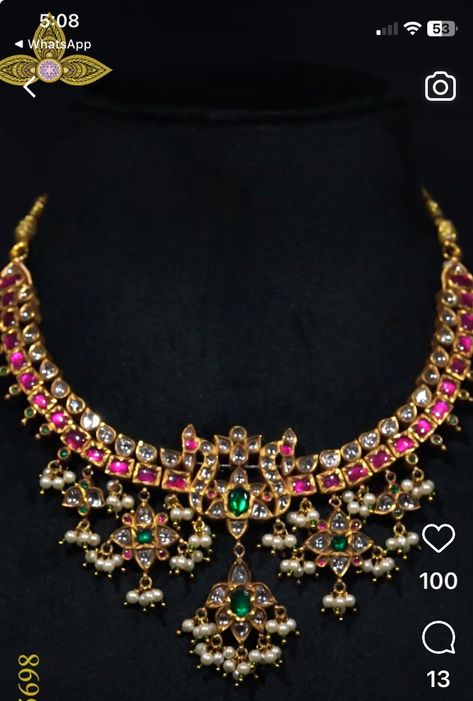 Kemp Necklace Antiques, Kundan Necklace Simple, Ruby Necklace Indian Gold, Pusala Haram, Ruby Necklace Indian, Kemp Jewellery, Kerala Jewellery, Pretty Gold Necklaces, Indian Gold Necklace Designs