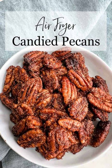 Air Fryer Candied Pecans - Sweet and spicy pecans are an easy recipe made from simple ingredients. Delicious snack has the perfect crunch for salads, great for charcuterie boards, and make amazing gifts during the holiday season. Candies Pecans Air Fryer, Air Fry Pecans, Toasted Pecans In Air Fryer, Roasted Pecans In Air Fryer, Air Fryer Pecans Recipe, Air Fryer Pecans, Air Fryer Candied Pecans, Spicy Pecans Recipe, Sweet And Spicy Pecans