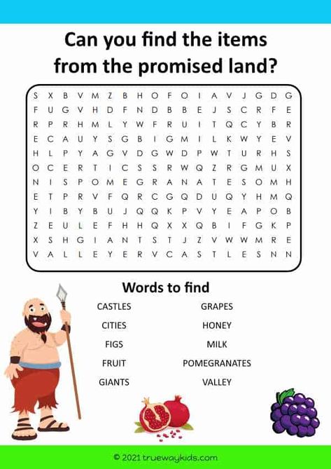 The 12 Spies and the Promised Land - Word Search for kids Word Search For Kids, Bible Word Searches, Promise Land, Sunday School Coloring Pages, Bible Stories For Kids, Sunday School Teacher, Word Searches, Coloring Sheets For Kids, Bible Activities