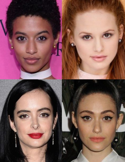 headshots of jourdana phillips, Madelaine Petsch, krysten ritter, and emmy rossum, all who have the dramatic gamine ingenue style type Ingenue Essence Face, Dramatic Ingenue Essence, Boyish Aesthetic, Gamine Makeup, Gamine Essence, Ethereal Dramatic, Dramatic Gamine, Dark Ethereal, Ingenue Essence