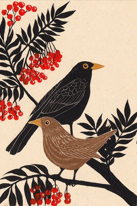 Blackbirds on Behance Blackbird Art, Linocut Art, Cat Air, George Orwell, Lukisan Cat Air, Bird Drawings, Bird Illustration, Blackbird, Linocut Prints