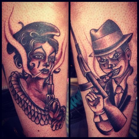 Bonnie and Clyde tattoos by Dawn Cooke Bonnie And Clyde Tattoo Couples, Bonnie Clyde Tattoos, Bonnie And Clyde Tattoo Ideas, Soulmate Tattoos, Bonnie And Clyde Tattoo, Couples Tattoo, Couples Tattoo Designs, Wrist Tattoos For Guys, Bonnie And Clyde