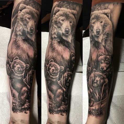 Bear Cub Tattoo, Cub Tattoo, Cubs Tattoo, Nature Tattoo Sleeve, 13 Tattoos, Men Tattoos Arm Sleeve, Cool Arm Tattoos, Bear Tattoos, Half Sleeve Tattoos For Guys