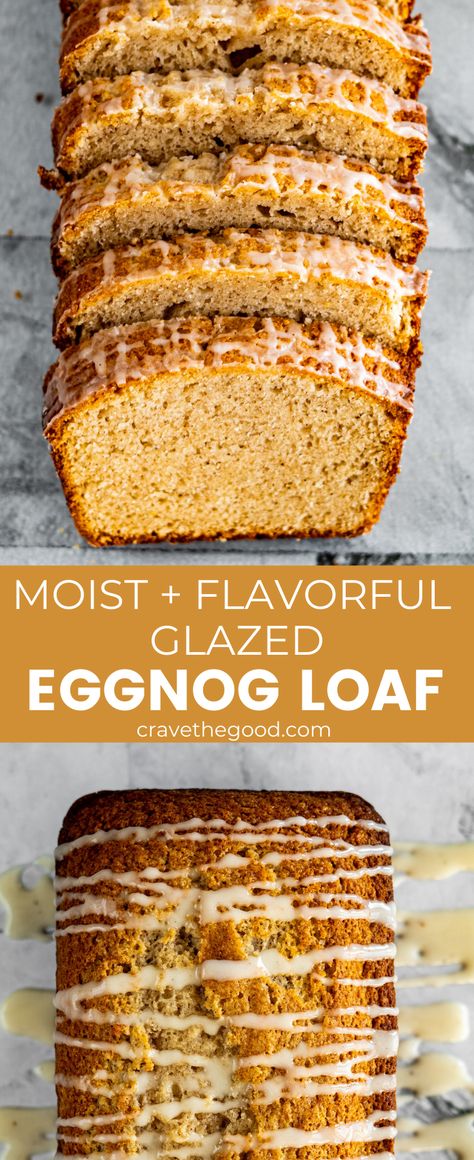 Eggnog bread is the perfect holiday and Christmas loaf! This homemade recipe is the best homemade eggnog bread you'll make this season. It's rich and flavorful and totally delicious. | cravethegood.com Christmas Mini Quick Breads, Eggnog Loaf Cake, Christmas Eggnog Bread Recipe, Egg Nog Loaf Cake, Holiday Loaf Bread Recipes, Eggnog Quick Bread, Eggnog Loaf Recipe, Christmas Loaf Recipes, Egg Nog Bread Recipe Easy