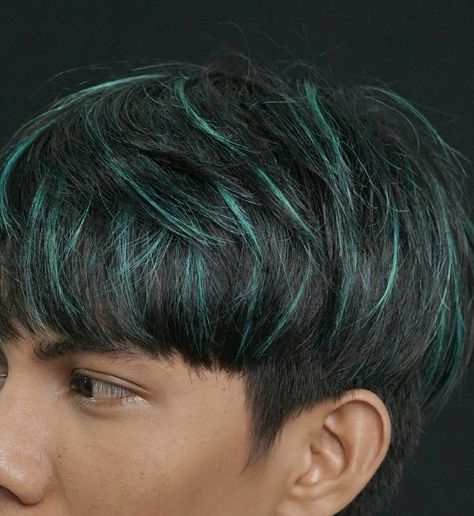 Green Hair Highlights, Silly Hairstyles, Hair Highlights For Men, Boys Hair Highlights, Men Hair Color Highlights, Hair Highlights For Black Hair, Masc Hairstyles, Green Hair Men, Highlights For Black Hair