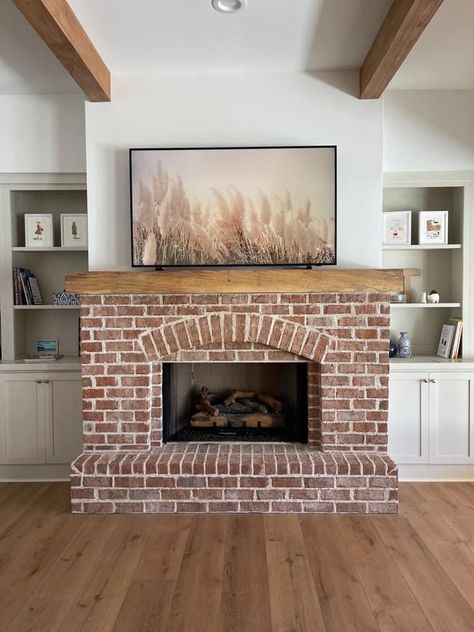 Brick With Shiplap Fireplace, Woodburning Fireplace Ideas, Brick Electric Fireplace Ideas, Tv Above Brick Fireplace, Indoor Brick Fireplace, Half Brick Fireplace, Brick Fireplace Wood Mantle, Earthy Fireplace, Brick Fireplace With Hearth