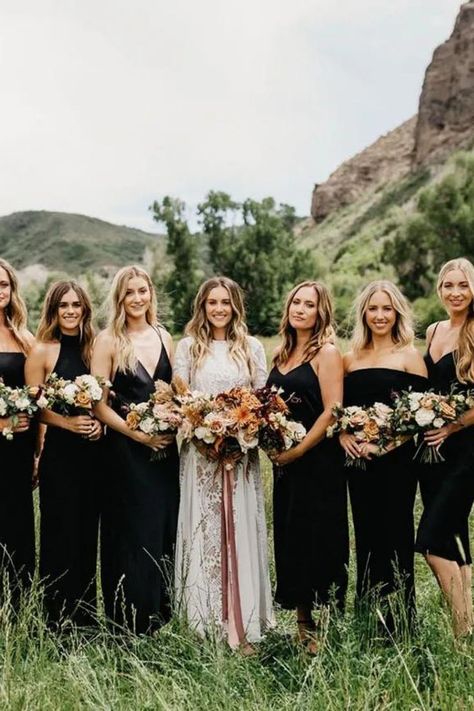 Black Bridesmaid Dresses With Fall Flowers, Black Bridesmaid Dresses With Cowboy Boots, Country Wedding Black Bridesmaid Dresses, Black Bridesmaid Dresses Fall Flowers, Black Bridesmaid Dresses Mismatched Boho, Black Bridesmaid Dresses Boho, Black Boho Bridesmaid Dresses, Fall Wedding Black Bridesmaid Dresses, Dark Bridesmaid Dresses Mismatched