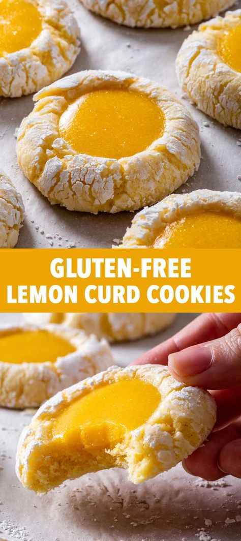 Gluten Free Lemon Curd Cookies - These are THE BEST lemon cookies you’ll ever make. They’re perfectly zesty, buttery and so tender that they simply melt in your mouth, and they’re baked with generous dollop of tangy, creamy lemon curd in the centre. And in addition to their incredible flavour, they look gorgeous as well! If you love lemon desserts, you need to try this one. Gluten free cookies. Gluten free recipes. Gluten free desserts. How to make lemon curd. Lemon crinkle cookies. Gluten Free Lemon Curd Cookies The Loopy Whisk, Dairy Free Egg Free Gluten Free Recipes, Eggless Lemon Cookies, Sour Cream Lemon Curd Cookies, Lemon Curd Ideas, Egg Free Lemon Bars, Gluten Free Crinkle Cookies, Lemon Curd Recipe Desserts, Healthy Lemon Recipes