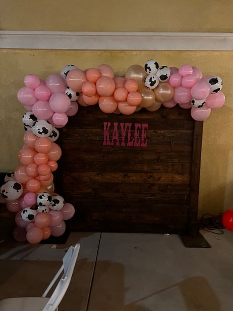 Girl birthday party ideas #cowprint #pinkballoons #aesthetic #rusticbackdrop Girl Birthday Party Ideas, Cow Print Birthday, 12th Birthday Party Ideas, Dream Birthday, Western Birthday Party, Western Birthday, Cowgirl Birthday Party, 13th Birthday Parties, Cowgirl Birthday