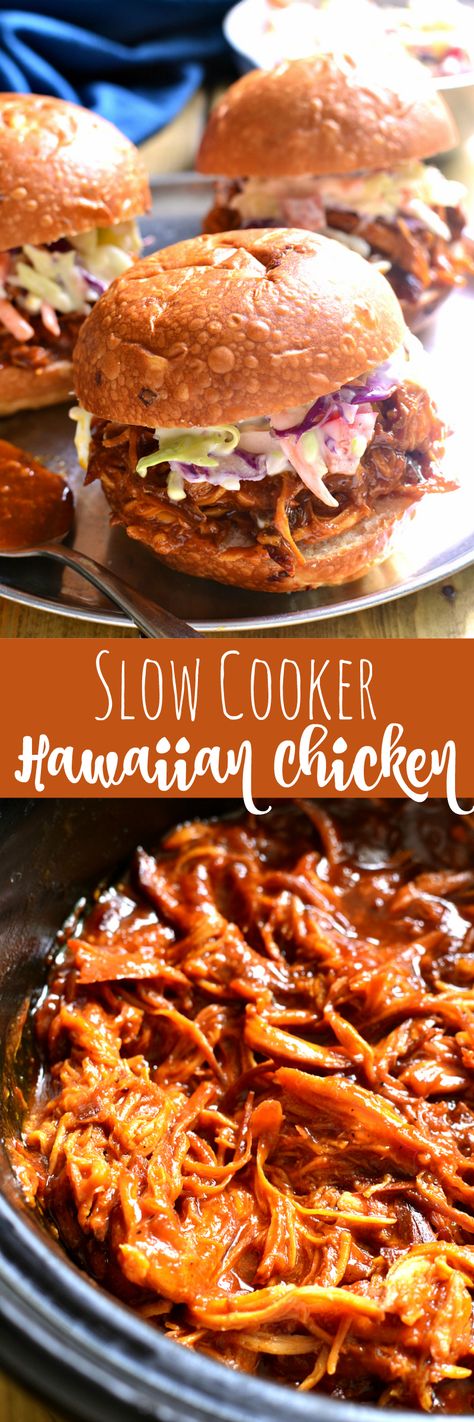 This Slow Cooker Hawaiian Chicken is sweet and smoky and slow cooked to perfection. It makes a great sandwich, and is perfect for family dinners, parties, game day, or anytime… Family Sandwich Recipes, Hawian Chicken Crockpot Recipes, Hawian Recipes, Slow Cooker Hawaiian Chicken, Slower Cooker, Hawaiian Chicken, Hawaiian Food, Hawaiian Luau, Crock Pot Cooking