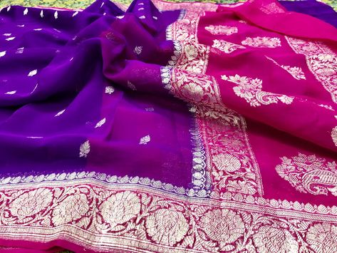 Banaras kadhi georgette sarees Traditional Wardrobe, Georgette Banarasi Saree, Sarees Traditional, Weaving Fabric, Sabyasachi Lehenga, Chiffon Sarees, Floral Saree, Saree Designer, Shades Of Violet