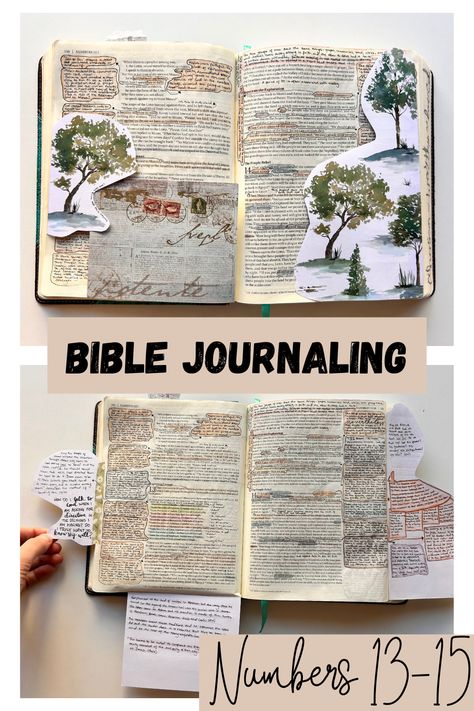 Numbers 13 Adding Pages To Bible, Bible Junk Journal, Scripture Journaling Ideas, Bible Scrapbooking Ideas, Numbers Bible Journaling, Bible Decorations Ideas, Christian Scrapbook, Bible Scrapbook, Bible Scrapbooking