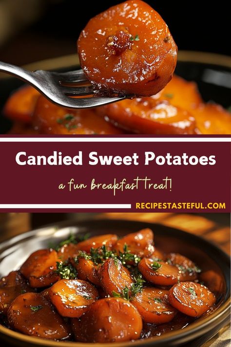 Treat your taste buds to these Candied Sweet Potatoes—tender slices coated in a buttery, caramelized sauce with brown sugar and maple syrup. Topped with crunchy nuts, this delightful side dish is the perfect complement to any meal, especially during the holidays! Sweet Potatoe Slices Recipe, Candied Sweet Potato, Candied Sweet Potato Recipes, Sweet Potato Toppings, Candy Brown, Candy Yams, Sweet Potato Slices, Japanese Sweet Potato, Candied Sweet Potatoes