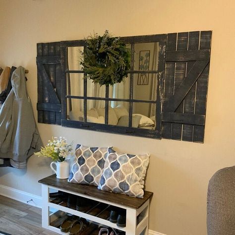 "SO SORRY - WREATH AND SIGN NOT INCLUDED We love our customers! We also love how they display their amazing Rusty Mill Farmhouse wall decor mirrors in their home. Lisa did a beautiful job decorating her space with her Rusty Mill large rustic mirror + shutters. Thank you for sharing your space with us Lisa! DIMENSIONS: *Window Mirror 46\"x36\" *Shutters 14\"x36\" each so a total of 28\"x36\" TOTAL DIMENSIONS MIRROR+SHUTTERS= 74\"x36\" ---------------------------- Your listing is for the Mirror + Decor Mirror Wall, Small Deck Furniture, Deck Furniture Layout, Wall Decor Farmhouse, Rustic Window, Rustic Holiday Decor, Rustic Mirrors, Gallery Wall Decor, Farmhouse Decor Living Room