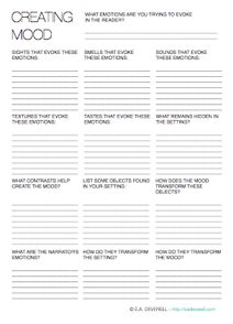 Writing Worksheet – Creating Mood (PDF) I think of mood as being the expression of a setting’s personality. Depending on the narration style, mood will often be created through a character’s experiences with the setting, but it can also remain unmediated. Some of the moodiest creations have deep layers of emotion and richly-detailed and slightly sinister backdrops; Gormenghast and House of Leaves… Personality Writing, Mood Writing, Creative Writing Worksheets, Writing Organization, Writing Articles, Freelancing Tips, Writing Blog, Writers Notebook, Self Employment