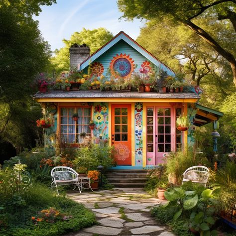 Boho Home Exterior, Boho Exterior House, Boho House Exterior, Boho Exterior, Painted Shed, Bungalow Exterior, Fairy Home, Quaint Cottage, House In Nature