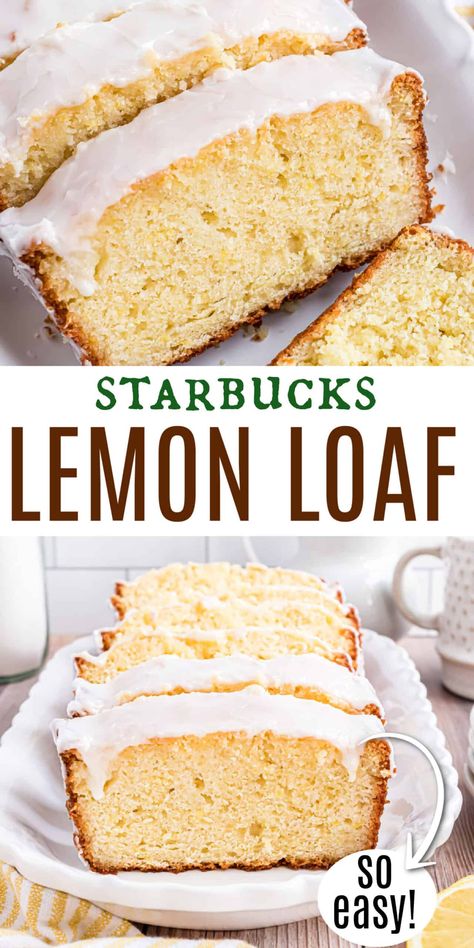 Copycat Starbucks Lemon Loaf recipe made at home. A moist lemon pound cake topped with a sweet lemon glaze. It's freezer friendly too! Recipe With Pudding, Starbucks Lemon Loaf Recipe, Copycat Starbucks Lemon Loaf, Lemon Bread Recipe, Moist Lemon Pound Cake, Lemon Cake Bars, Citrus Party, Lemon Bread Recipes, Starbucks Pumpkin Bread