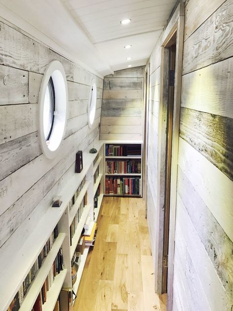 Wide beam, Bespoke Widebeam Builders - Whitewashed Bookshelf Barge Interior, Canal Boat Interior, Narrowboat Interiors, Canal Barge, Boat House Interior, Boat Interior Design, Houseboat Living, Canal Boats, Working Boat