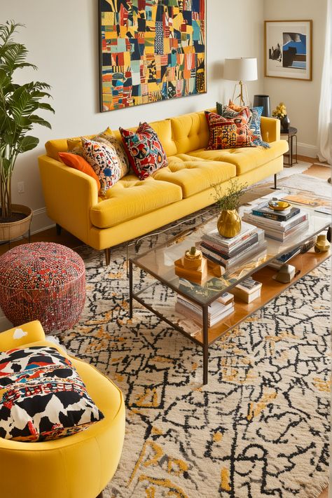 25 Yellow Couch Living Room Ideas for 2024 – The Crafty Hacks Yellow Couch Living Room, Yellow Couch Living Room Ideas, Living Pequeños, Gold Couch, Cactus House, Couch Living Room Ideas, Yellow Decor Living Room, Yellow Couch, Yellow Furniture