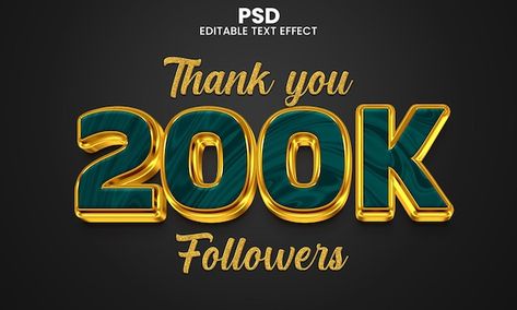 PSD thank you 200k followers 3d editable... | Premium Psd #Freepik #psd #100k #100k-followers #thank-you-subscribers #success 200k Followers, Photoshop Backgrounds Backdrops, Emoji For Instagram, Photoshop Backgrounds, Psd Icon, Text Effect, Text Effects, Thank You, Social Media