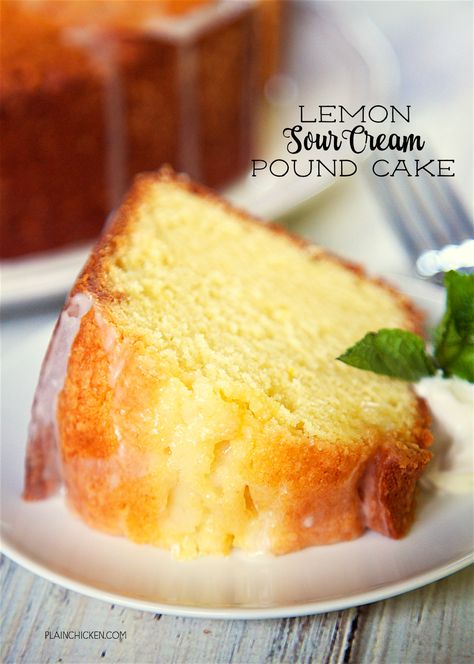 Lemon Sour Cream Pound Cake - the most AMAZING pound cake I've ever eaten! So easy and delicious! Top the cake with a lemon glaze for more yummy lemon flavor. Serve the cake with whipped cream, mint and fresh berries. I took this to a party and everyone asked for the recipe! Lemon Sour Cream Pound Cake, Lemon Sour Cream Cake, Lemon Pound Cake Recipe, Sour Cream Pound Cake, Sour Cream Cake, Cake Recipes From Scratch, Lemon Pound Cake, A Piece Of Cake, Bundt Cakes Recipes