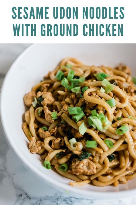 Sesame Udon Noodles with Ground Chicken | Hungry Wanderlust Ground Chicken Ramen Noodle Recipes, Ground Chicken Ramen, Chicken With Udon Noodles, Ground Turkey Udon Noodles, Peanut Chicken Udon Noodles, Chicken Udon Noodles, Chicken Udon, Udon Recipe, Sesame Noodles