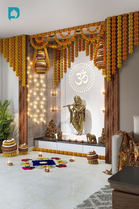 Simple Janmashtami Home Decoration Ideas Simple Traditional Decoration At Home, Diwali Fairy Lights Decor, Floor Decoration With Flowers, Vastu Decoration For Home, Pooja Room Flower Decoration, Vastu Pooja Decoration, Temple Decoration Ideas With Flowers, Hanging Oil Lamp, Simple Flower Decoration At Home