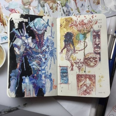 Funny Sketchbook Ideas, Messy Sketchbook Ideas, Messy Sketchbook, Kenneth Rocafort, Moleskine Sketchbook, Arte Cyberpunk, Sketchbook Art Journal, Planner Spread, Arte Sketchbook