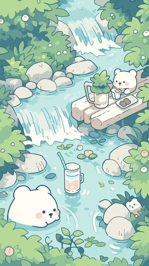 Doddles Carini Kawaii - pucciosi, bellissimi, a small drawing of bears are in a river making tea, in the style of kawaii aesthetic, tranquil gardenscapes, light cyan and white, hikecore, anime-inspired, nature-based patterns, mural painting - HD, 4K Little Drawings, Wallpapers Cute, Small Drawing, Cocoppa Wallpaper, Bear Drawing, Animal Doodles, Cute Animal Drawings Kawaii, Spring Wallpaper, 수채화 그림