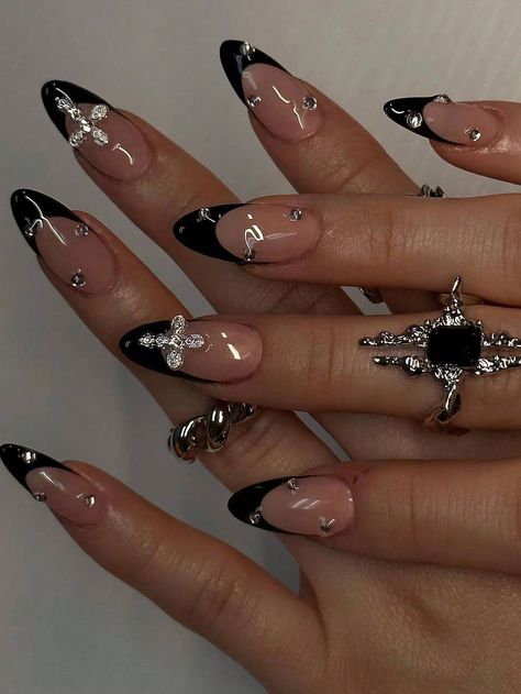 Cross Nail Designs, Black French Nails, Black Almond Nails, Black French Tip, Ombre Nail Art Designs, Cross Nails, French Tip Press On Nails, Black French Tips, Black Acrylic Nails