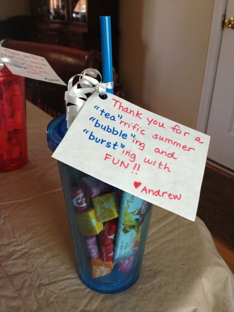 End of summer camp/teacher gift--Filled with single packet iced tea, Starburst candies and Bubblegum. Camp Counselor Gifts Appreciation, Camp Counselor Gifts, Counselor Appreciation Gifts, Summer Camp Gift, Camp Gifts, Counselor Appreciation, Pillow Treats, Camp Memories, Appreciation Gifts Diy