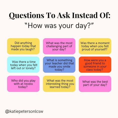 Use these questions to have meaningful conversations with your kids about their experience at school. Check out my latest Blog post where I talk about ways you can incorporate these questions into your interactions with your child and download my FREE resource with 20 questions you can ask your child instead of "How was your day" Instead Of How Was Your Day, Sel Check In Questions, Conversation Questions For Kids, Instead Of How Are You, English For Students, Conversation Questions, Better Mom, 20 Questions, Mental Health Resources