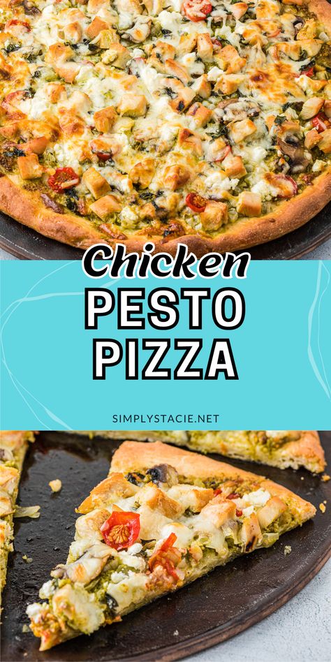 Two image collage of chicken pesto pizza. The first image is a pizza on the pizza pan. The second image is a slice of pizza on a plate. Pesto Chicken Pizza Recipe, Basil Pesto Pizza, Chicken Spinach Mushroom, Calzone Recipes, Mushroom Pizza Recipes, Chicken Pesto Pizza, Pesto Pizza Recipe, Basil Pesto Chicken, Tomatoes And Cheese