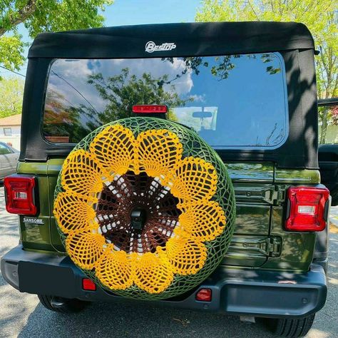 Crochet Jeep Tire Cover, Crochet Tire Cover, Cool Jeep Accessories, Crochet Spare Tire Cover, Crochet Seat Belt Cover, Sunflower Crochet, Jeep Tire Cover, Jeep Ideas, Jeep Wrangler Accessories