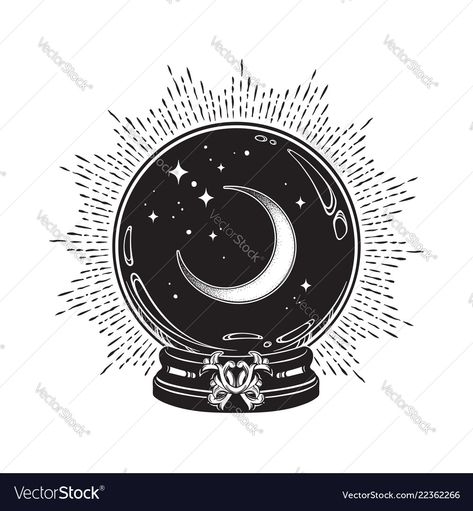 Moon And Stars Line Art, Stars Line Art, Crystal Ball Tattoo, Magic Crystal Ball, Tattoo Poster, Badass Drawings, Chic Tattoo, Magic Crystal, Blackout Tattoo