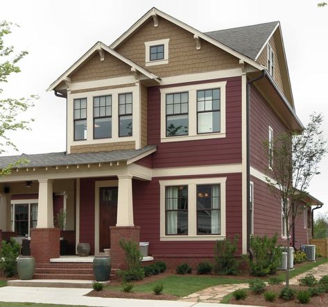 Hardie Board Siding Costs - 2020 Hardiplank Price Guide - Modernize Red House Exterior, Hardie Board Siding, Hardie Board, Red Houses, Craftsman Exterior, Arts And Crafts House, Craftsman Style Home, Craftsman Style Homes, Exterior Paint Colors For House