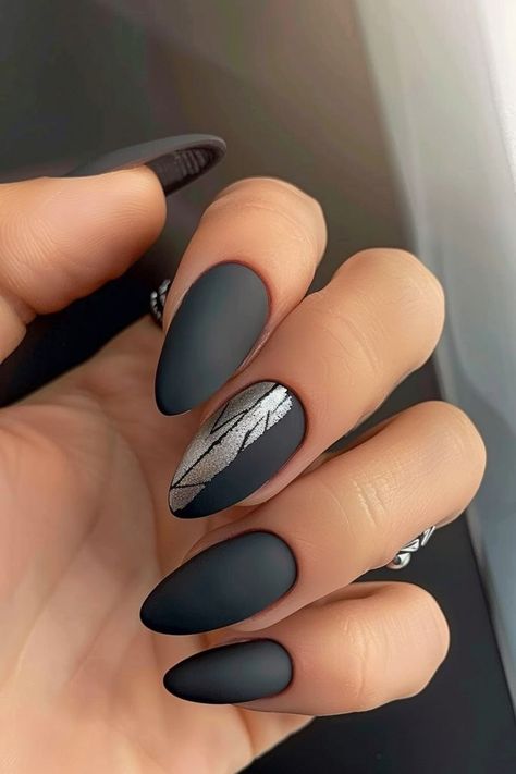 Almond Nails With Silver, Matte Black Almond Nails, Matte Manicure, Matted Nails, Nails With Silver, Black Almond Nails, Black Stiletto Nails, Nail Color Combos, Latest Nail Designs