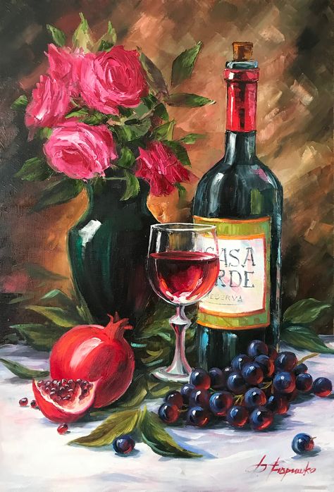 ORIGINAL HANDMADE WINE OIL PAINTING ON CANVAS Expertly painted, this original still life fruit art captures the beauty of red wine. The canvas features a classic wine bottle and grapes, creating a warm and inviting feel. Perfect for wine enthusiasts and art lovers alike, this painting adds sophistication to any space. DETAILS ✧ Name: "California Wine" ✧ Original handmade oil painting on high-quality canvas ✧ Style: Contemporary, classic ✧ Painter: Signed by the artist ✧ Fast free shipping worldw Wine Oil Painting, Wine Bottle Painting, Grapes Art, Grapes And Wine, Alcohol Painting, Painting Fruit, Wine Grapes, Wine Painting, Still Life Fruit