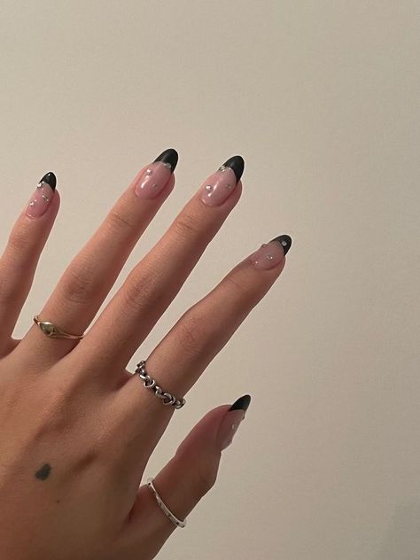 Black French Tip Nails With Gems Almond, Black French Tips With Diamonds, Black Jeweled Nails, Black Tip Nails With Rhinestones, Black French Tip Chrome Nails, Black French With Rhinestones, Black Chrome French Tip, Black French Tip With Gems, Black French Tip With Rhinestones