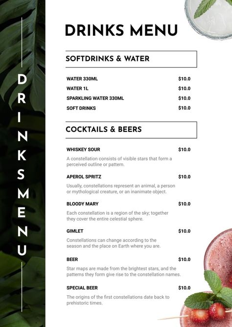 Menu Design Ideas Templates, Restaurant Plants, Drink Menu Template, Drink Menu Design, Menu Design Inspiration, Restaurant Drinks, Digital Menu, Restaurant Menu Design, Cocktail Menu