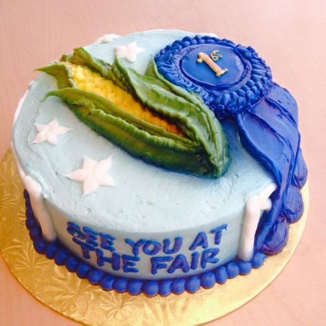 Blue ribbon state fair cake Fair Themed Cake, Fair Cake Ideas, Blue Ribbon Cake, State Fair Theme, County Fair Theme, Fair Cake, 4h Projects, Fair Theme, Ribbon Cake