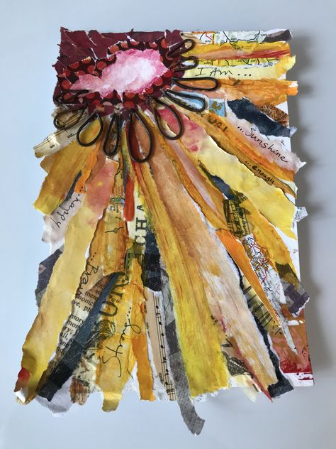 Mixed Media With Fabric, Leaves Collage Art, Textured Collage Art, Sunflower Mixed Media, Mixed Media Sunflower, Art Inspiration Collage, Recycled Collage Art, Mixed Media Paper Art, Mixed Media Nature Art