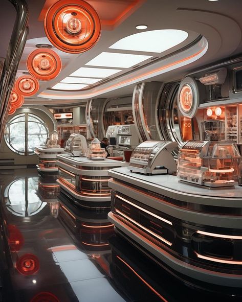 @orangeglasses • Instagram photos and videos Retro Futurism Restaurant, Futuristic Lobby, Retro Futurism Interior, Interactive Backgrounds, Episode Interactive, Episode Interactive Backgrounds, Gas Stations, Pub Bar, My Imagination