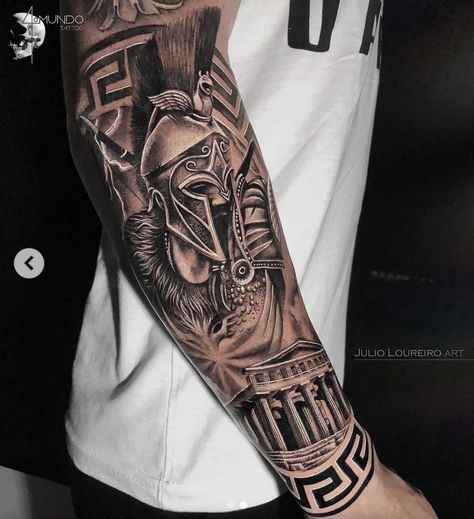 Forearm Tattoo Greek Mythology, Gladiator Tattoo Sleeve For Men, Roman Tattoo Forearm, Greek God Tattoos For Men Forearm, Gladiator Forearm Tattoo Men, Greek Arm Tattoos For Men, Gladiator Tattoo Forearm, Egyptian Gods Tattoo Design, Spartan Arm Tattoo