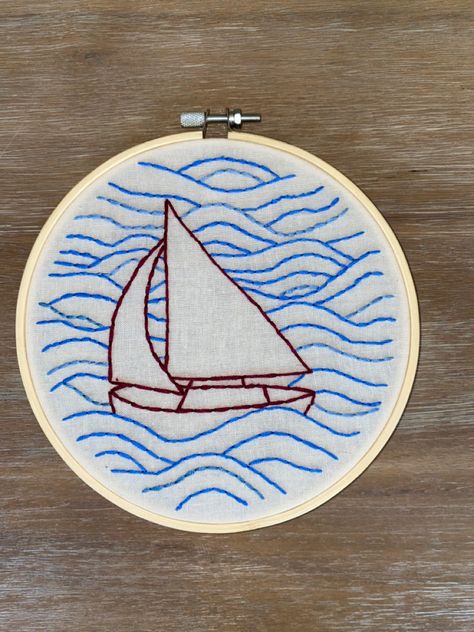 Sailing Embroidery Designs, Embroidery Waves Simple, Ocean Embroidery Patterns, Embroidery Sailboat, Maternity Embroidery, Sailboat Embroidery, Waves Embroidery, Embroidery Ocean, Boat Embroidery