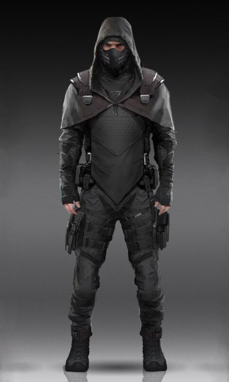 Cool Assassin, Stealth Character Design, Modern Ninja Outfits, Modern Vigilante Character Design, Futuristic Assassin Suit, Techwear Character Design Male, Future Ninja Suit, Hooded Vigilante Character Design, Sci Fi Tactical Suit