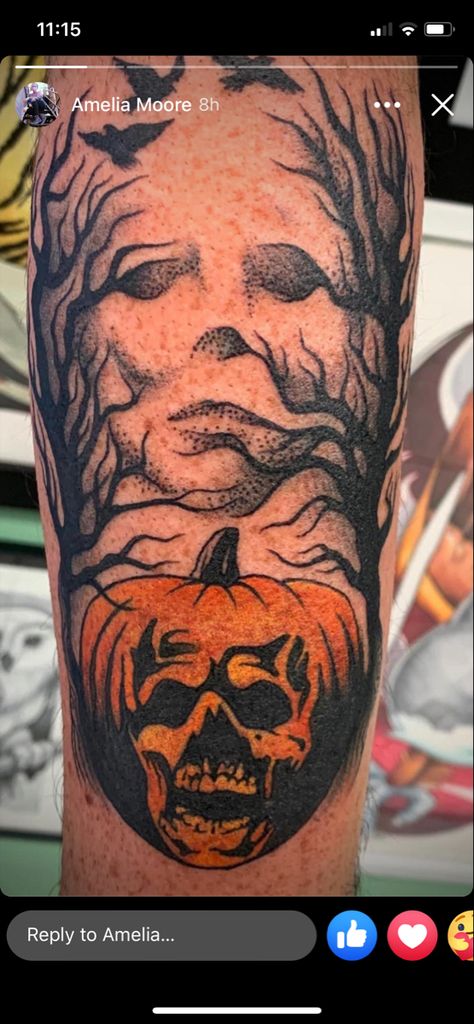 Michael Myers Pumpkin Tattoo, Scary Pumpkin Tattoo, Evil Pumpkin Tattoo, Spooky Tree Tattoo, Pumpkin King Tattoo, Amelia Moore, Traditional Tattoo Halloween, Chest Tattoo Stencils, Underground Tattoo