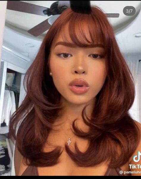 Breakup Makeover, Copper Bangs, Copper Hair With Bangs, Dark Orange Hair, Sleek Short Hair, Cheveux Oranges, Amber Hair, Hair Color Orange, Wine Hair