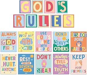 S&O God's Rules 10 Commandments for Kids Poster & Card Set - Bright & Colorful Ten Commandments Wall Decor - Sunday School Decorations for Classroom - 10 Commandments Wall Art - 10 Commandments Poster Sunday Class Ideas Children Church, Kids Church Classroom Decor Room Ideas, Mothers Room Church, Sunday School Room Decor Ideas, Preschool Sunday School Classroom Decor, Bible Classroom Decor Ideas, Sunday School Rules, Sunday School Posters, Sunday School Room Ideas